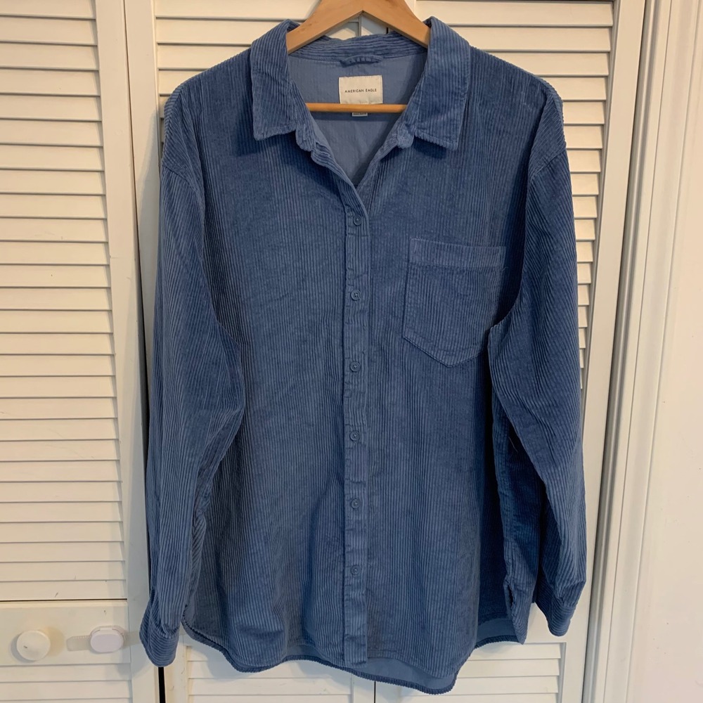 American‎ Eagle Mens Corduroy Button Up Shirt Blue 100% Cotton Long Sleeve Sz XL